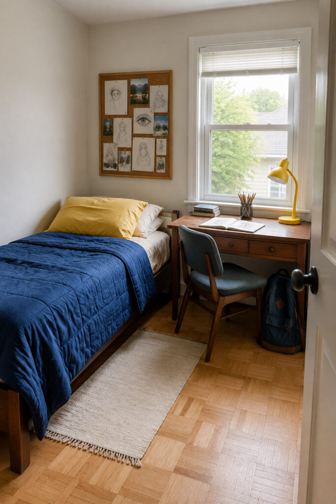Blue bedding and a yellow pillow in a small teen bedroom, beside a wood desk with a sketchbook and a pinboard of drawings.